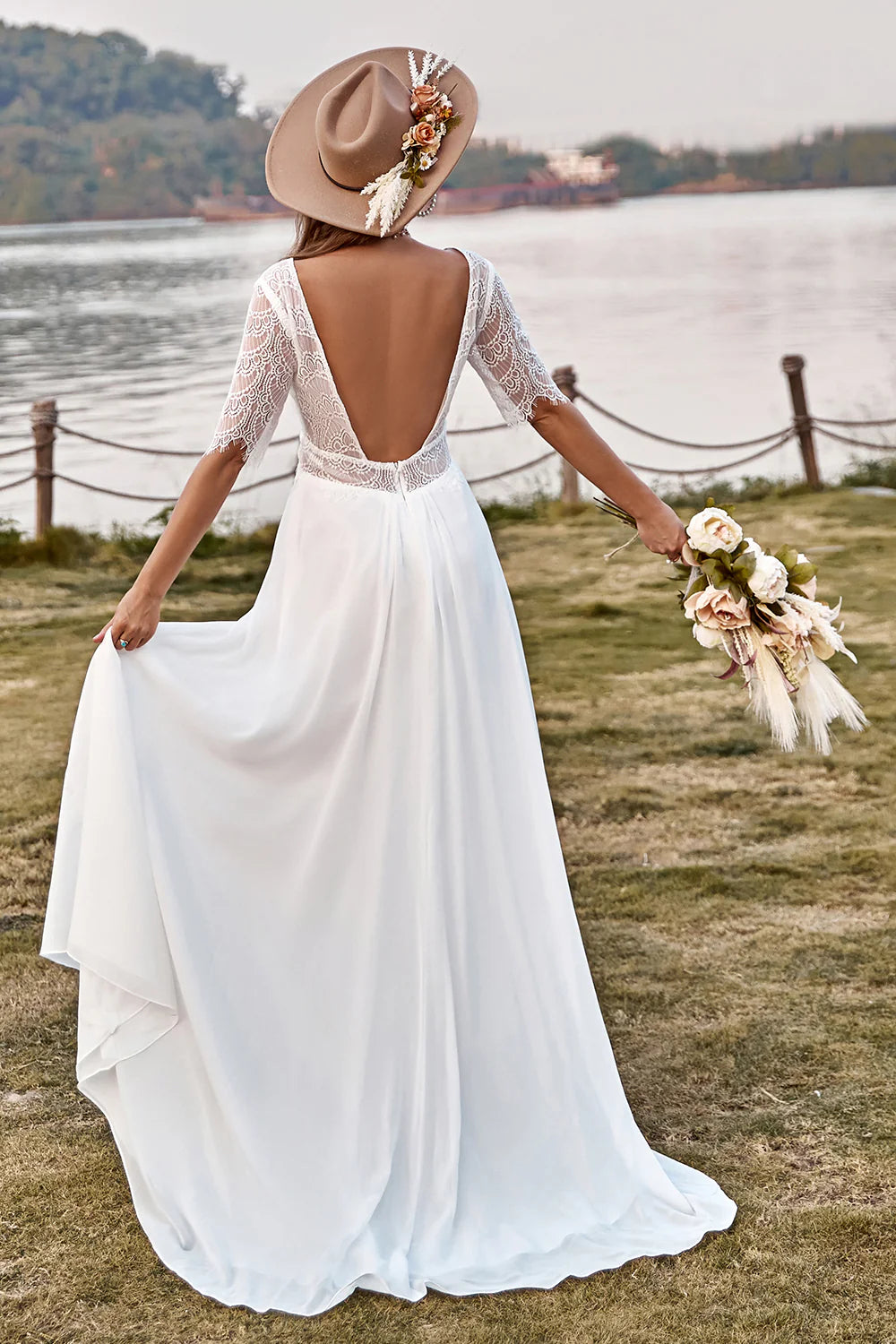 Ivory Lace Chiffon Half Sleeves Boho Backless V-Neck Wedding Dress With Slit