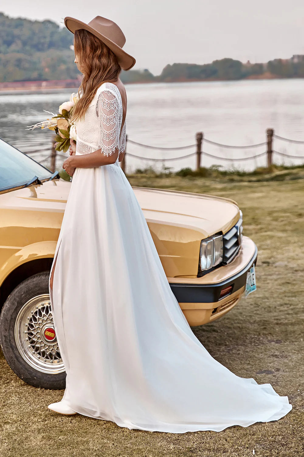 Ivory Lace Chiffon Half Sleeves Boho Backless V-Neck Wedding Dress With Slit
