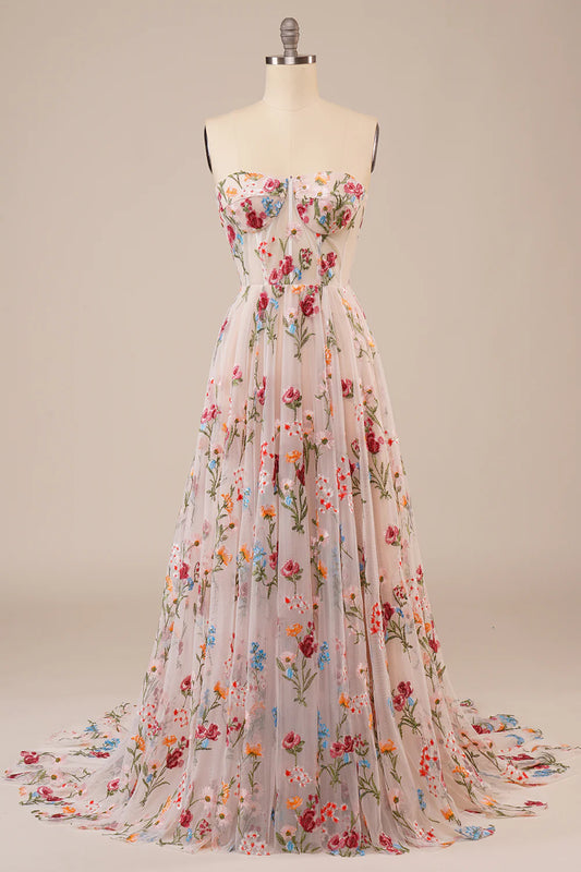 Tulle Strapless Sweep Train Ivory Long Wedding Dress with Embroidery