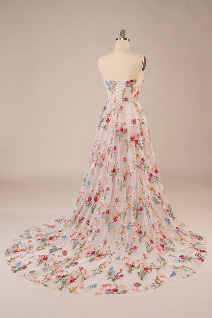 Tulle Strapless Sweep Train Ivory Long Wedding Dress with Embroidery
