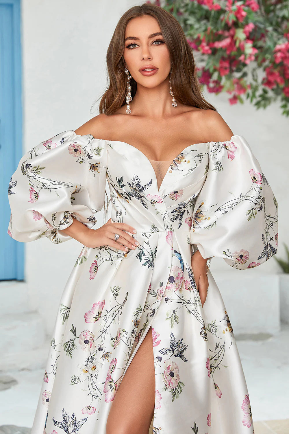 Ivory Floral Satin Chapel Train Wedding Dress With Slit