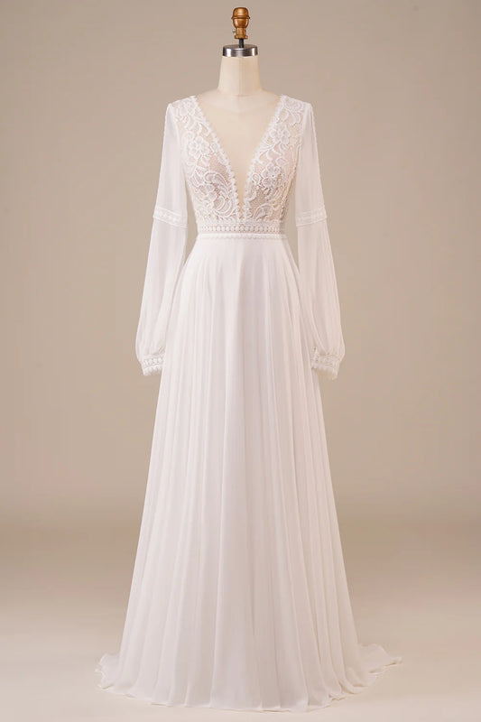 Long Sleeves Ivory Wedding Dress with Lace V-Neck Long Dress