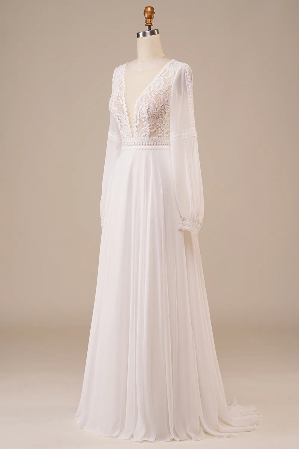 Long Sleeves Ivory Wedding Dress with Lace V-Neck Long Dress