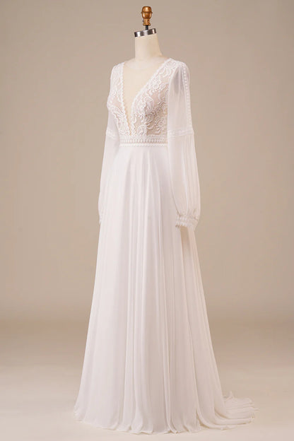 Long Sleeves Ivory Wedding Dress with Lace V-Neck Long Dress