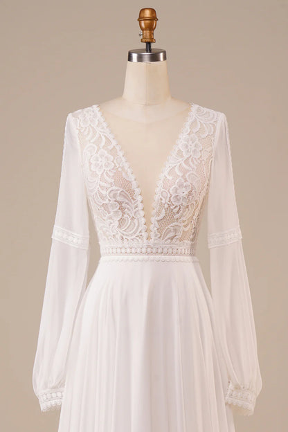 Long Sleeves Ivory Wedding Dress with Lace V-Neck Long Dress