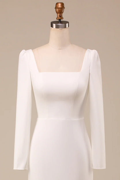 Ivory Mermaid Square Neck Bridal Dress With Long Sleeves