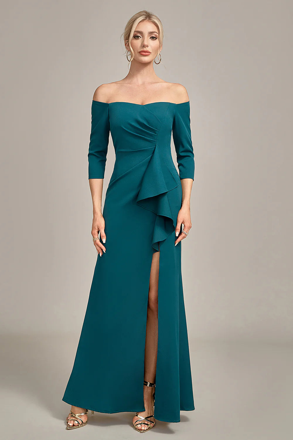 Dark Green Mermaid Off The Shoulder Cascading Ruffled Mother Of The Bride Dress With Slit
