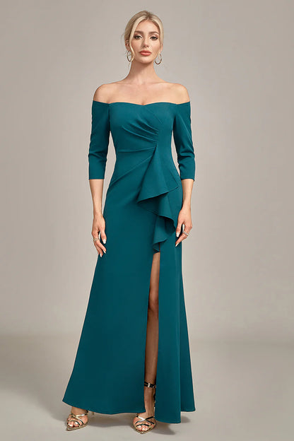 Dark Green Mermaid Off The Shoulder Cascading Ruffled Mother Of The Bride Dress With Slit