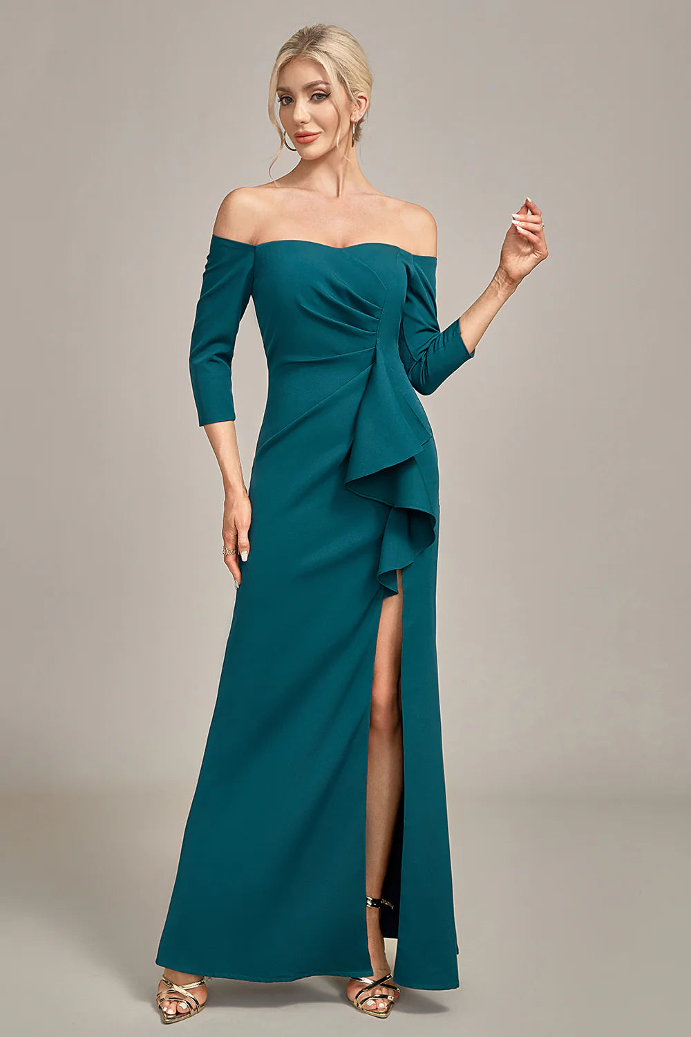 Dark Green Mermaid Off The Shoulder Cascading Ruffled Mother Of The Bride Dress With Slit