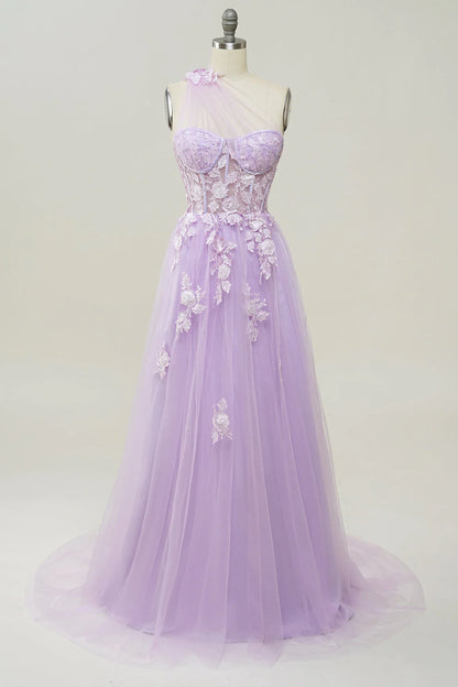 Sky Blue A Line One Shoulder Long Prom Dress with Appliques