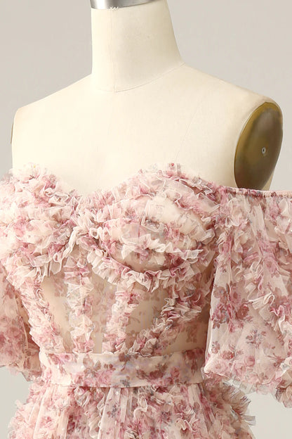 Ivory Red Flower Off The Shoulder Prom Dress