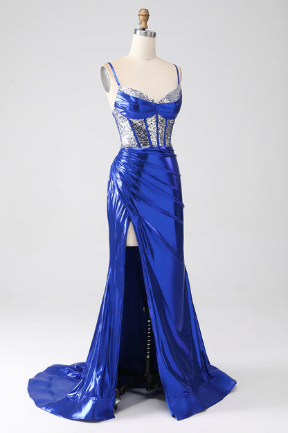 Royal Blue Mermaid Sparkly Sequin Pleated Corset Prom Dress With Slit