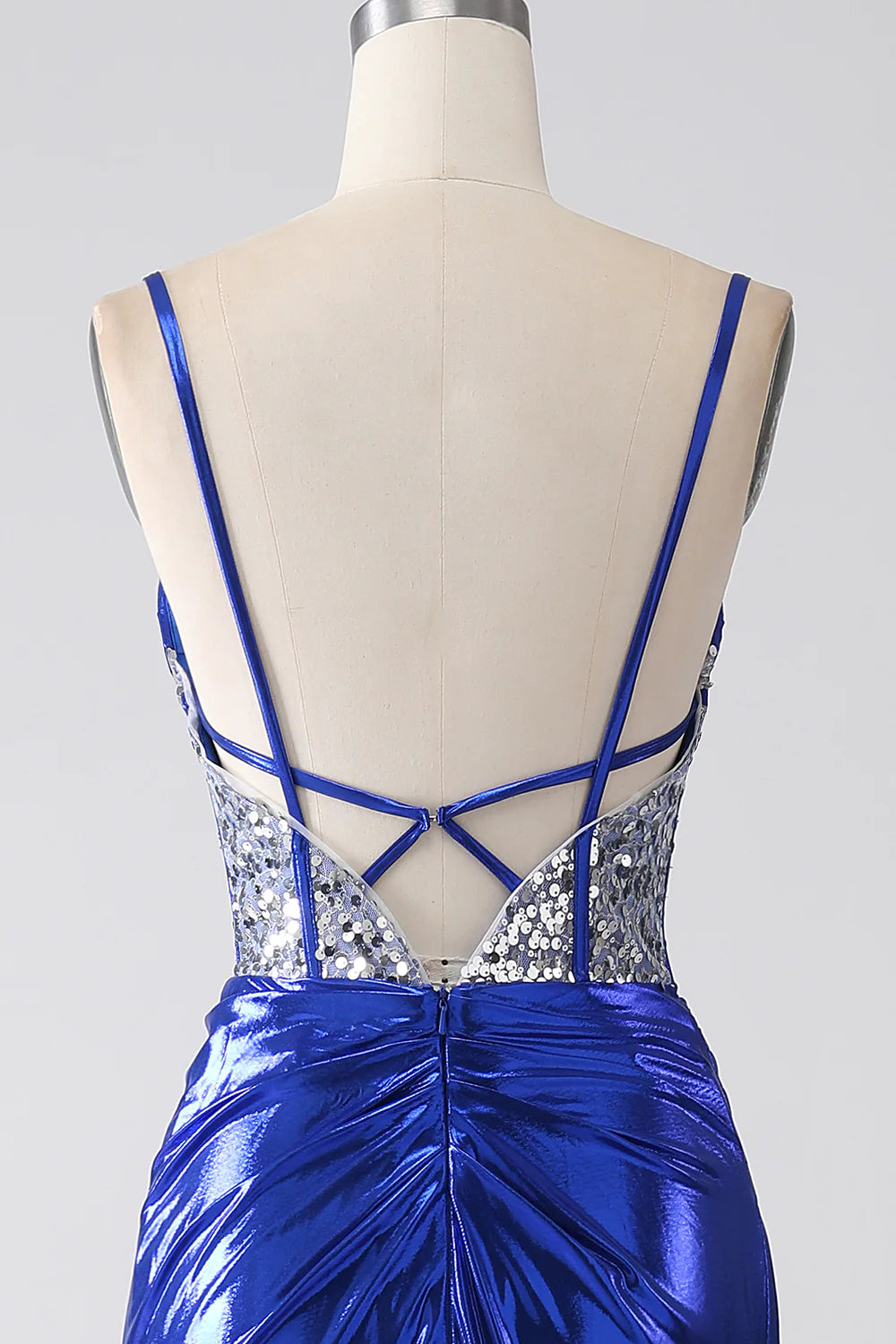 Royal Blue Mermaid Sparkly Sequin Pleated Corset Prom Dress With Slit