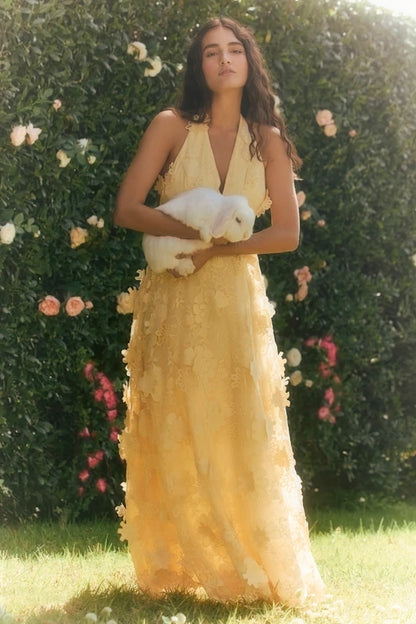 Yellow Halter Prom Dress With 3D Floral Applique Open Back And Flowy Chiffon A Line Formal Prom Dress