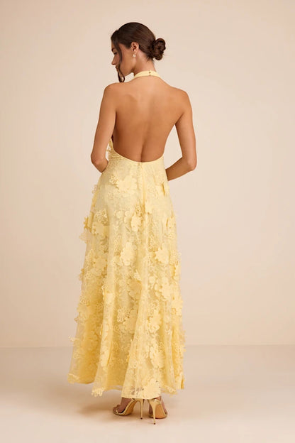Yellow Halter Prom Dress With 3D Floral Applique Open Back And Flowy Chiffon A Line Formal Prom Dress