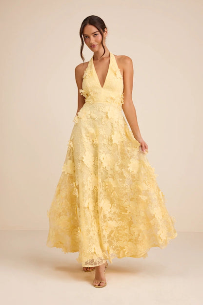 Yellow Halter Prom Dress With 3D Floral Applique Open Back And Flowy Chiffon A Line Formal Prom Dress