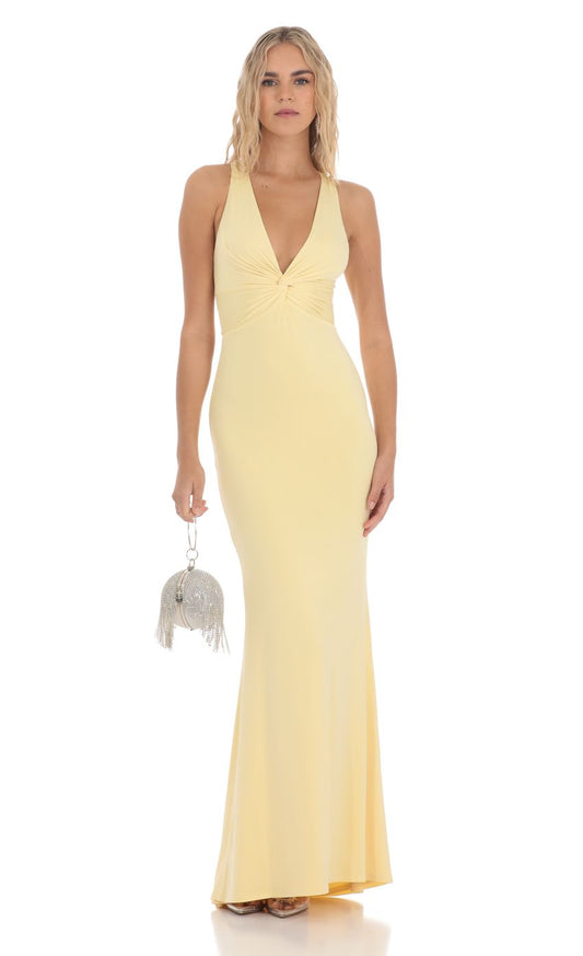 Yellow Halter Prom Dress With Twist Front And Tie Back Mermaid Formal Prom Dress