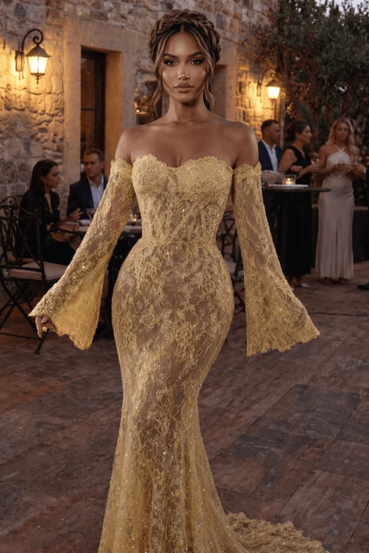 Yellow Off Shoulder Lace Mermaid Prom Dress with Long Bell Sleeves for Formal Events and Prom Nights