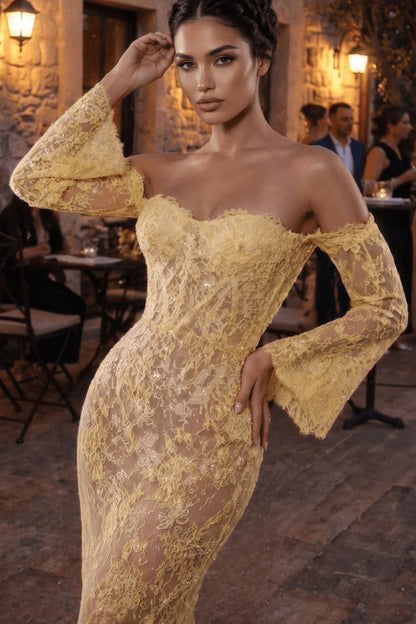 Yellow Off Shoulder Lace Mermaid Prom Dress with Long Bell Sleeves for Formal Events and Prom Nights