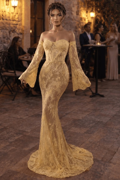 Yellow Off Shoulder Lace Mermaid Prom Dress with Long Bell Sleeves for Formal Events and Prom Nights