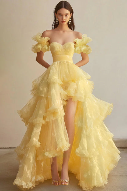 Yellow Off The Shoulder Prom Dress With Ruffled Sleeves And High Low Tiered Tulle Skirt For Formal Evening Party