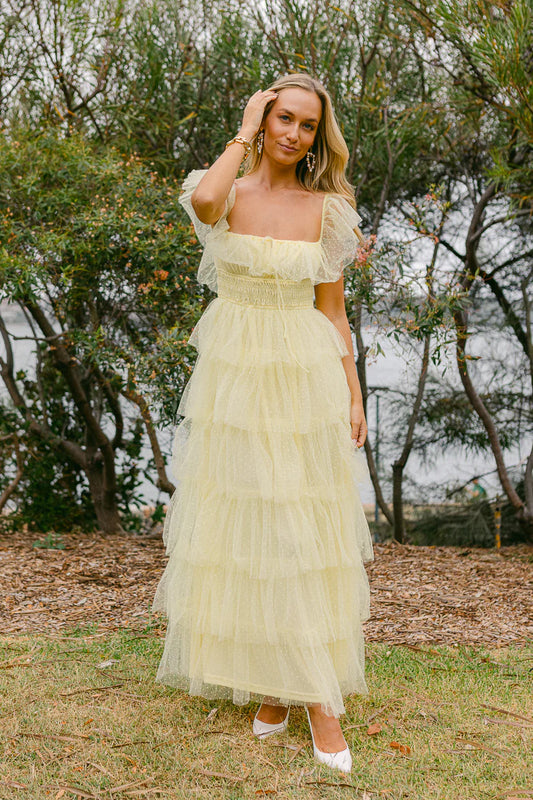 Yellow Off The Shoulder Ruffled Dotted Tulle Tiered A Line Prom Dress