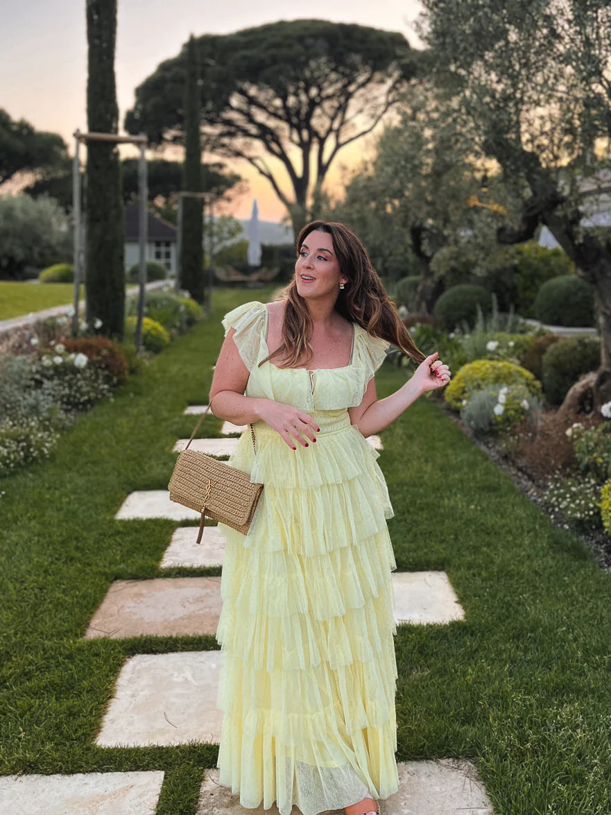 Yellow Off The Shoulder Ruffled Dotted Tulle Tiered A Line Prom Dress