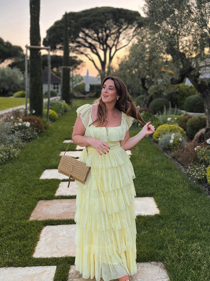 Yellow Off The Shoulder Ruffled Dotted Tulle Tiered A Line Prom Dress