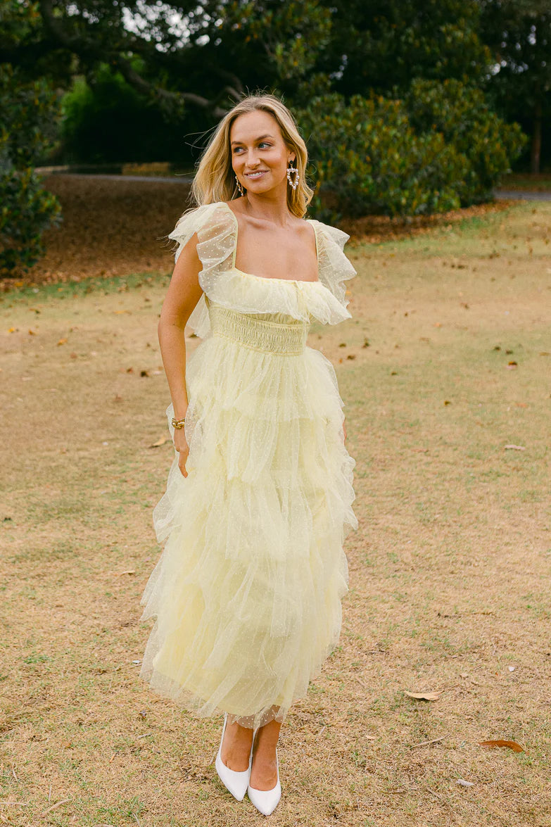 Yellow Off The Shoulder Ruffled Dotted Tulle Tiered A Line Prom Dress