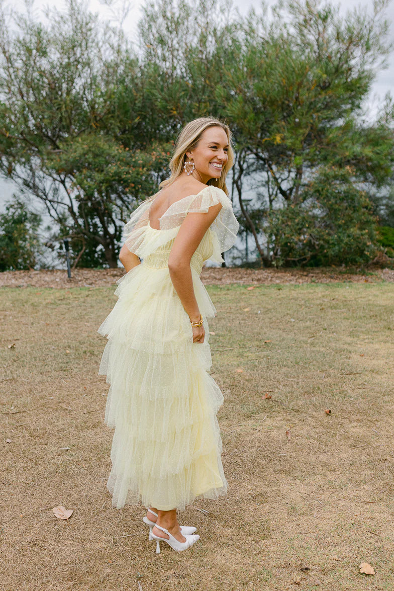 Yellow Off The Shoulder Ruffled Dotted Tulle Tiered A Line Prom Dress