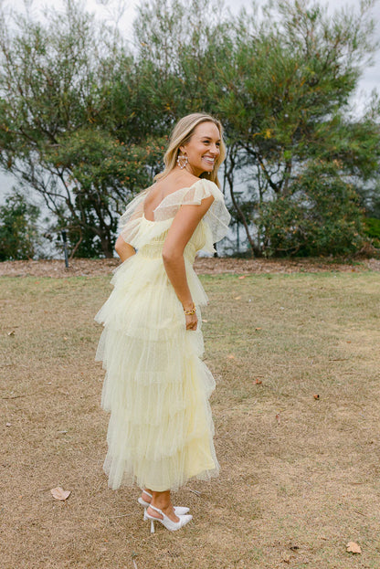 Yellow Off The Shoulder Ruffled Dotted Tulle Tiered A Line Prom Dress