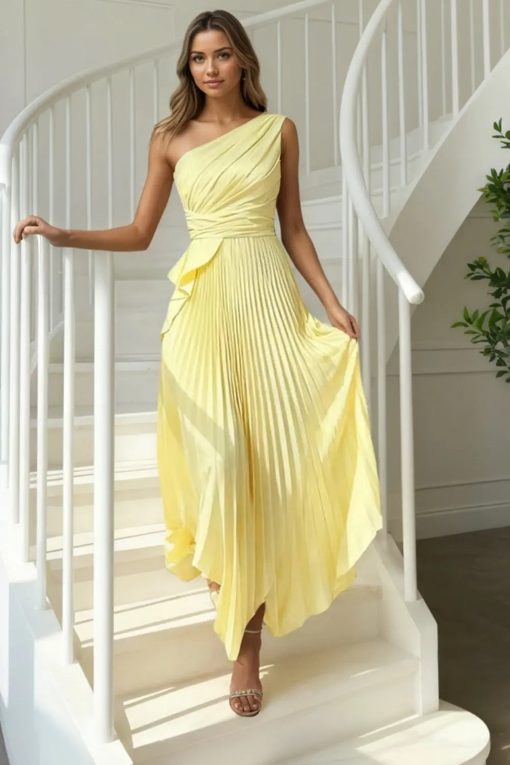 Yellow One Shoulder Pleated Satin Prom Dress with Asymmetrical Hem for Formal Events and Prom Nights
