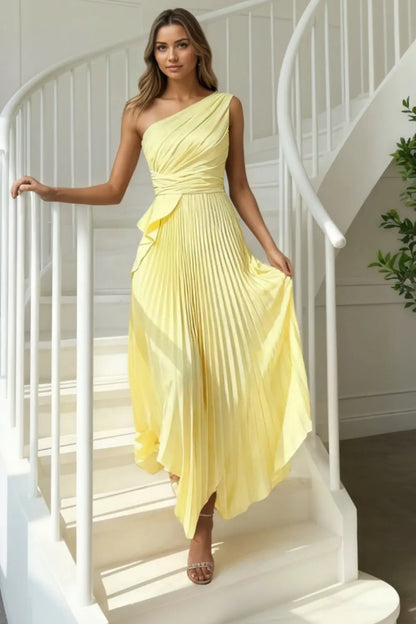 Yellow One Shoulder Pleated Satin Prom Dress with Asymmetrical Hem for Formal Events and Prom Nights