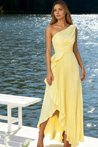 Yellow One Shoulder Pleated Satin Prom Dress with Asymmetrical Hem for Formal Events and Prom Nights