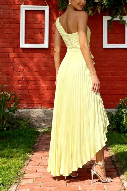 Yellow One Shoulder Pleated Satin Prom Dress with Asymmetrical Hem for Formal Events and Prom Nights