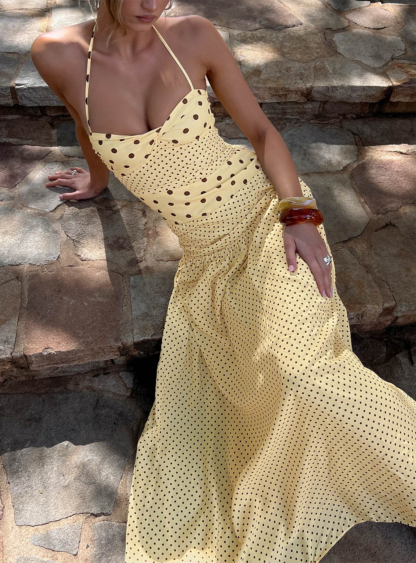 Yellow Polka Dot Halter Prom Dress with Sweetheart Neckline and Flowy Maxi Skirt for Formal Events and Prom Nights