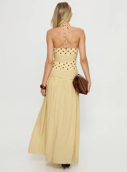 Yellow Polka Dot Halter Prom Dress with Sweetheart Neckline and Flowy Maxi Skirt for Formal Events and Prom Nights