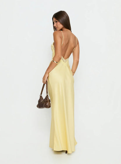 Yellow Satin Spaghetti Strap Prom Dress with Lace Back Detail and V Neckline for Formal Events and Prom Nights