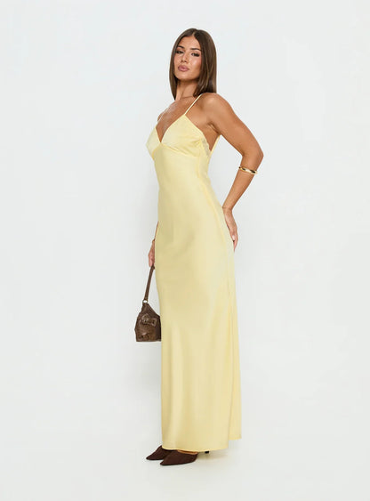 Yellow Satin Spaghetti Strap Prom Dress with Lace Back Detail and V Neckline for Formal Events and Prom Nights