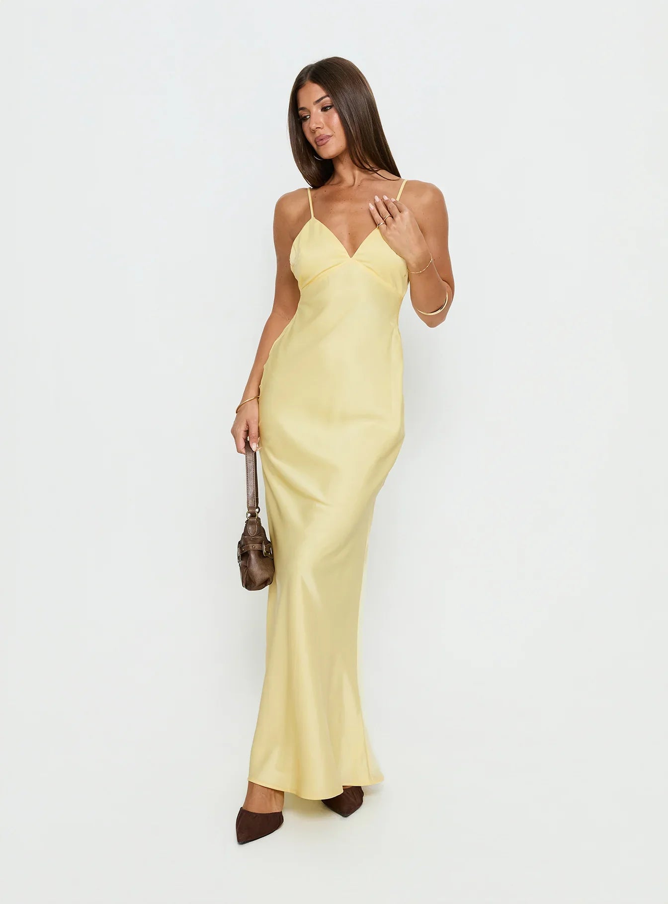 Yellow Satin Spaghetti Strap Prom Dress with Lace Back Detail and V Neckline for Formal Events and Prom Nights