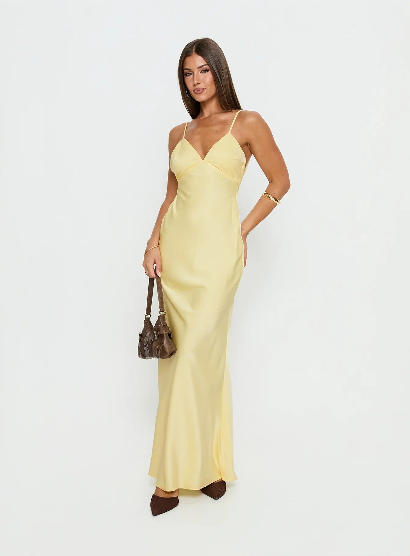 Yellow Satin Spaghetti Strap Prom Dress with Lace Back Detail and V Neckline for Formal Events and Prom Nights