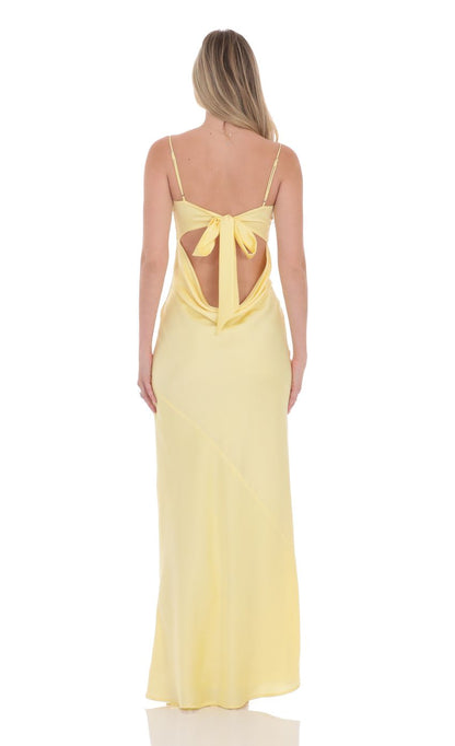 Yellow Spaghetti Strap Prom Dress With Bow Cut-Out Back And Straight Neckline Satin Formal Prom Dress