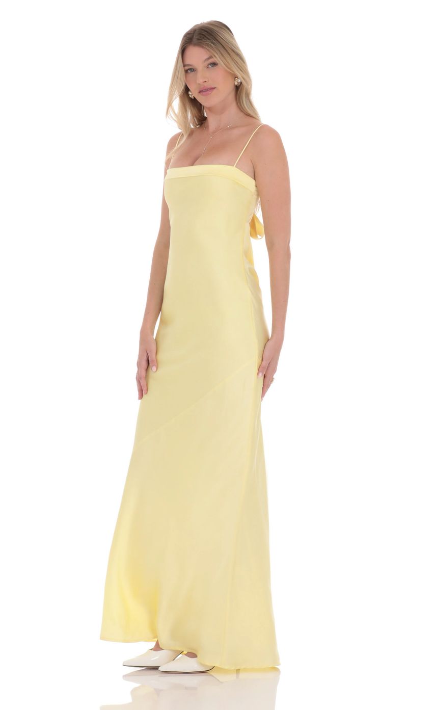 Yellow Spaghetti Strap Prom Dress With Bow Cut-Out Back And Straight Neckline Satin Formal Prom Dress