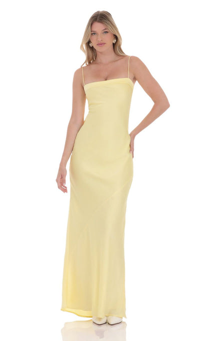 Yellow Spaghetti Strap Prom Dress With Bow Cut-Out Back And Straight Neckline Satin Formal Prom Dress