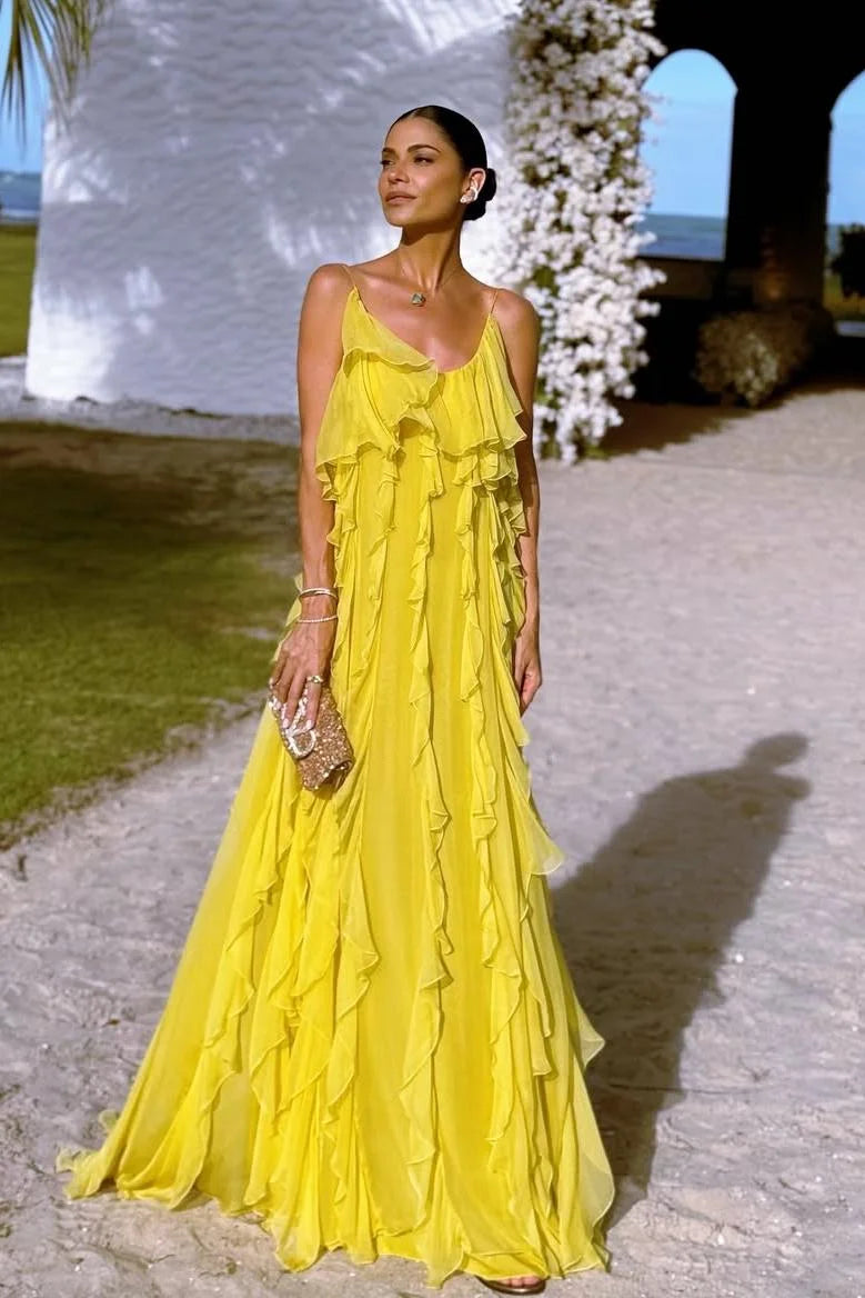 Yellow Spaghetti Strap Prom Dress with Tiered Ruffle Chiffon Skirt and Low Back for Formal Events and Prom Nights