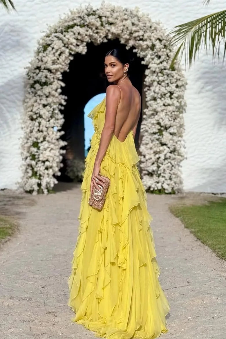 Yellow Spaghetti Strap Prom Dress with Tiered Ruffle Chiffon Skirt and Low Back for Formal Events and Prom Nights