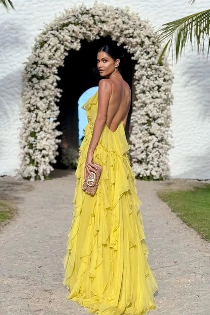 Yellow Spaghetti Strap Prom Dress with Tiered Ruffle Chiffon Skirt and Low Back for Formal Events and Prom Nights