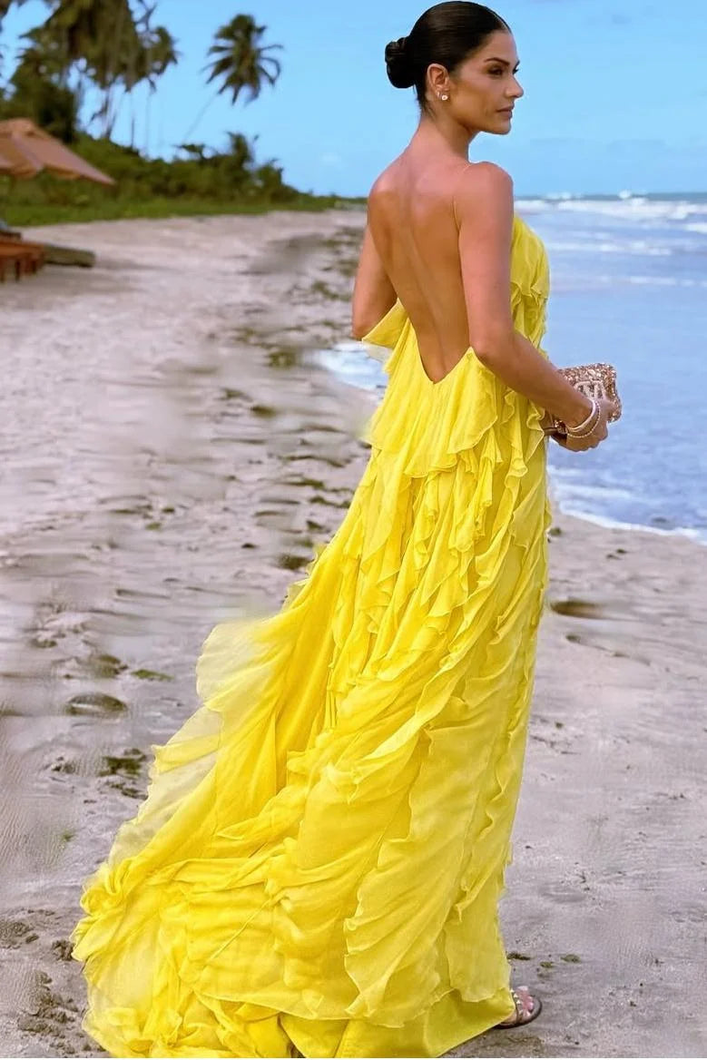 Yellow Spaghetti Strap Prom Dress with Tiered Ruffle Chiffon Skirt and Low Back for Formal Events and Prom Nights