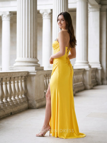 Yellow Spaghetti Strap Sweetheart Neck Rhinestone Trim Corset Lace Up Back High Slit Satin Floor Length Formal Evening Prom Dress