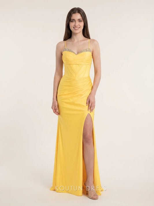 Yellow Spaghetti Strap Sweetheart Neck Rhinestone Trim Corset Lace Up Back High Slit Satin Floor Length Formal Evening Prom Dress